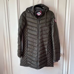 Women’s Pajar Canada Long Down Filled Quilted Hooded Khaki Puffer Jacket Large